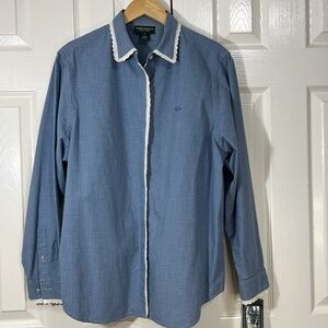 Ralph Lauren Blue Gingham Long Sleeve Shirt Jacket Lace Accents Sz XL